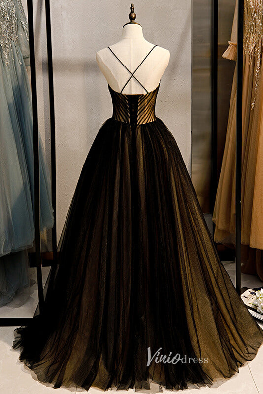 ZAPAKA Women Black A Line Prom Dress with Slit Spaghetti Straps Long Party  Dress